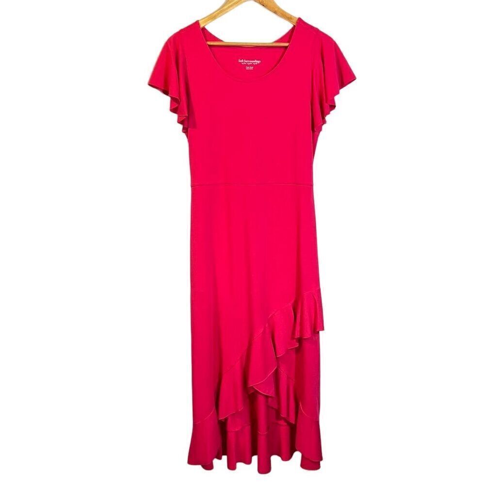 Soft Surroundings Pink‎ Hi-Low Hem Maxi Dress PS Short Sleeve Ruffle Modal Blend